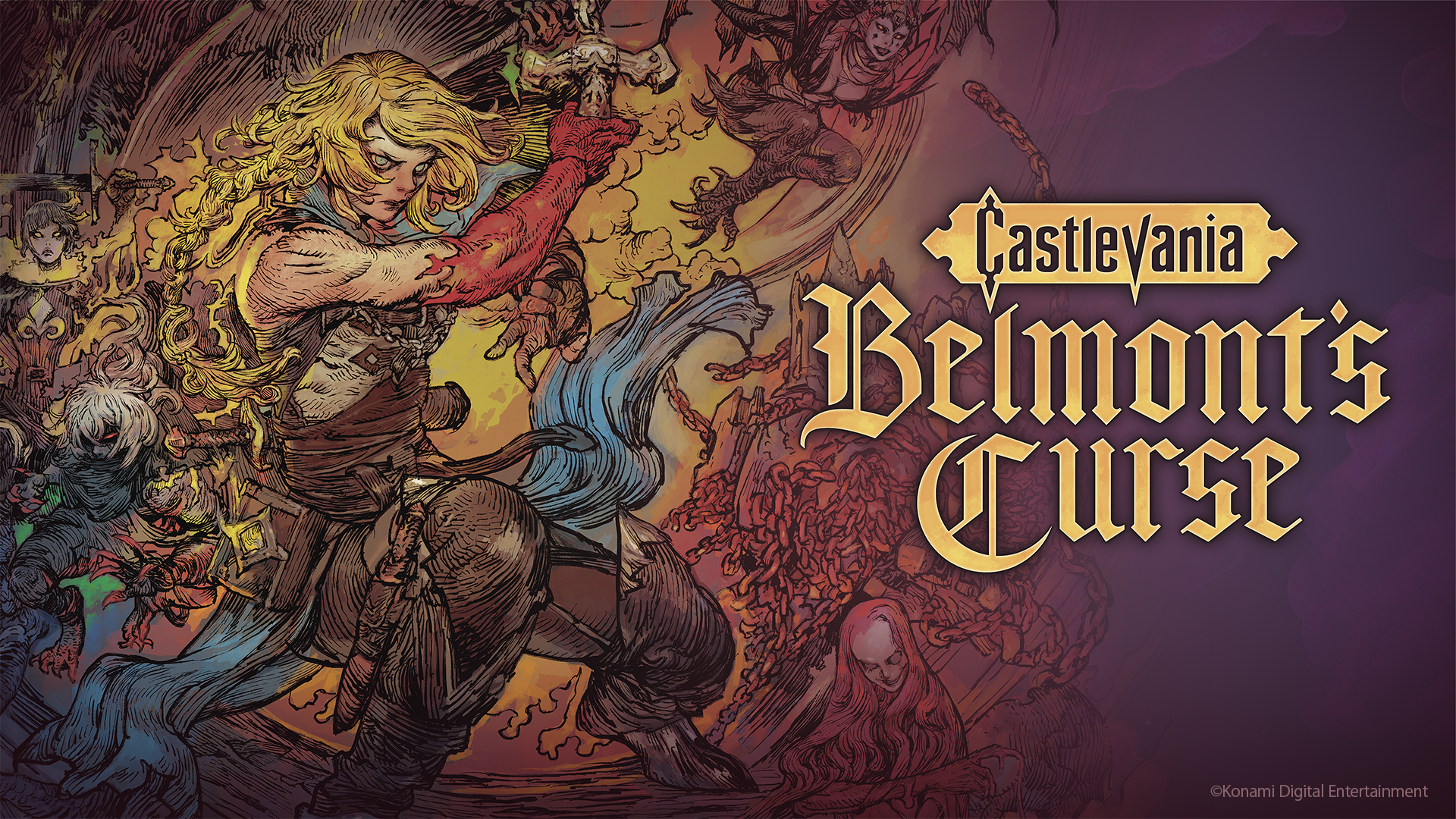 Castlevania Belmont’s Curse official key art with Rose Belmont, her whip and the game title