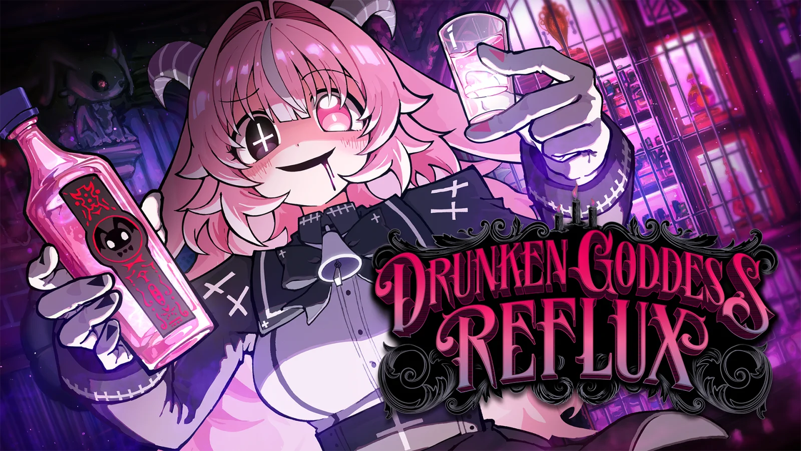 Drunken Goddess Reflux key art: pink-haired demon Femme Soule holding a bottle and shot glass