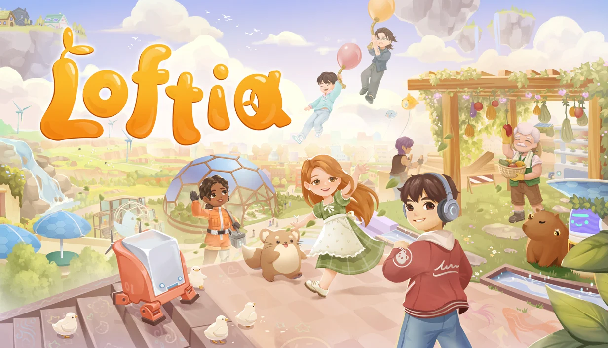 Loftia official key art with its orange logo, floating islands and neighbors tending a garden