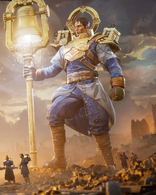 Official March of Giants artwork of Solace, a staff-bearing Giant towering over Soldiers